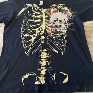 Ed Hardy Black and Gold Short Sleeve Tee with Bold Skeleton Design